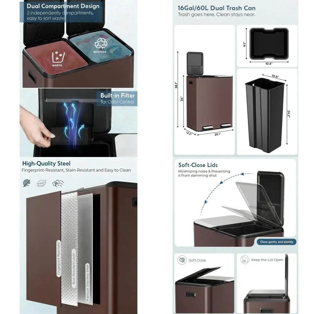 

Мусорное ведро на 16 галлонов с двумя отделениями, контролем запаха, сенсорной крышкой и боковой ручкой для кухни и переработки отходов - коричневое