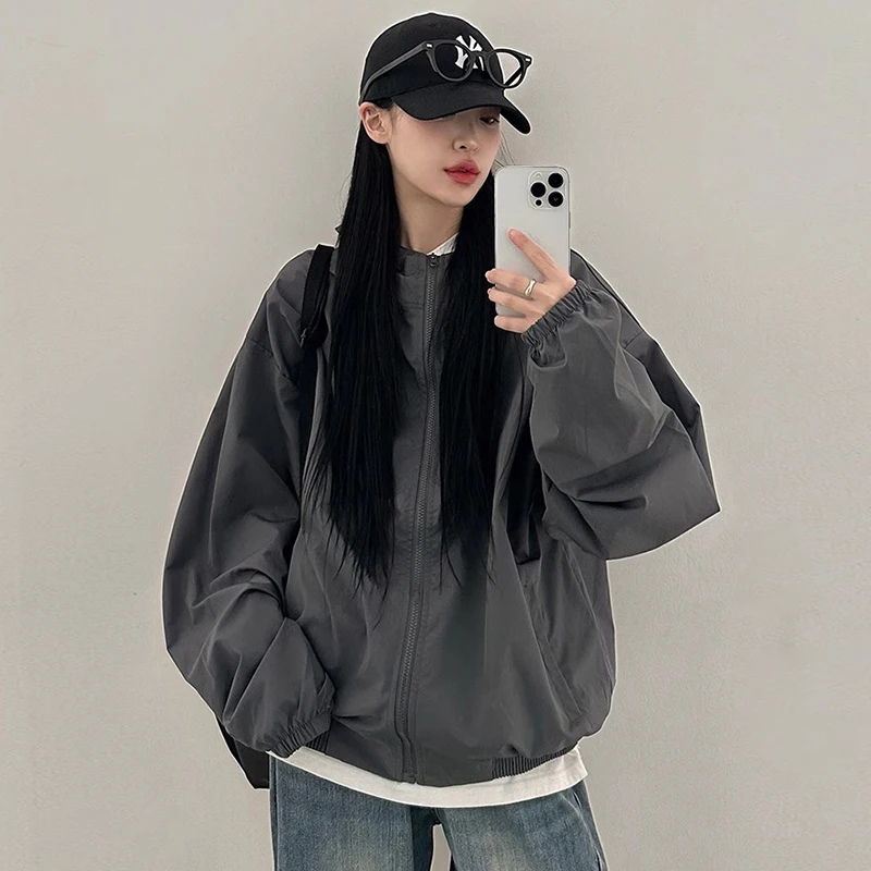 เสื้อคลุมคาร์ดิแกนแบบเปิดซิปมีฮู้ดสไตล์ชิคสำหรับฤดูใบไม้ร่วง แขนยาวทรงหลวม สวมใส่สบายๆ เสื้อแจ็คเก็ตผู้หญิง ผ้าโพลีเอสเตอร์
