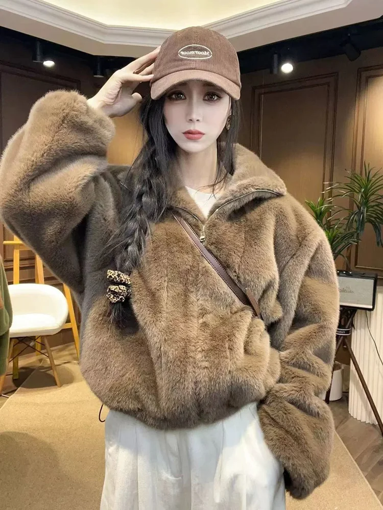 Elegant Faux Fox Zipper Coat Women Vintage Winter Warm Stand Collar Jacket Korean Casual Long Sleeve Female Cute Sweet Outwear
