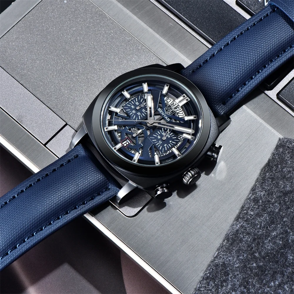 BENYAR 2025 ساعة كوارتز رجالية مضيئة الهاتفي 50 متر مقاومة للماء المضادة للانعكاس كرونوغراف المألوف ساعات رجالية جديدة Reloj