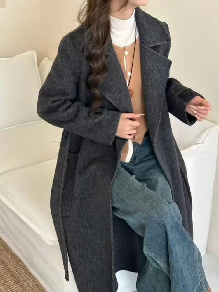 ZMEENNA élégant femmes gris foncé laine mélange Long manteau avec revers col cravate ceinture chaud vêtements de sortie d'hiver décontracté ZM3499
