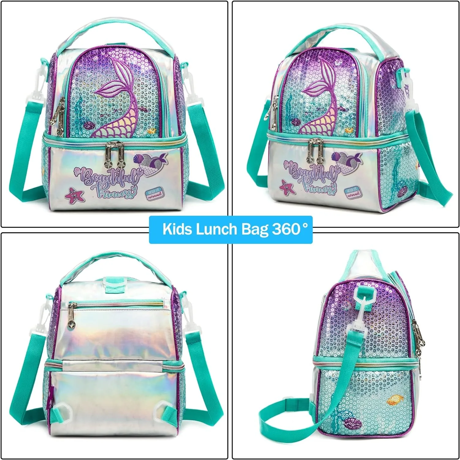 Lunch Bag for Kids Insulated Bag with Adjustable Strap High Capacity Lunchbox School Child Girls Mermaid Sequins Bento Bag