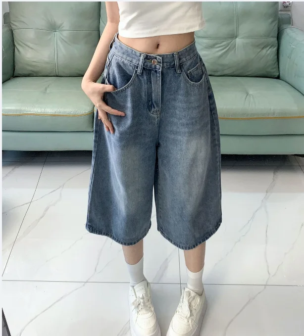 Women's Wide Leg Gradient Blue Retro Denim Shorts Unisex Style Capris Summer Female High Waist Loose Short Jeans