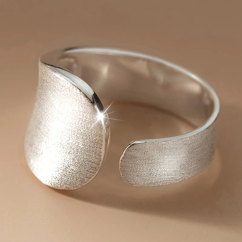 Huitan Minimalist Brushed Silver Color Open Ring for Women Irregular Curved Wide Band Adjustable Cuff Ring Trendy Daily Jewelry
