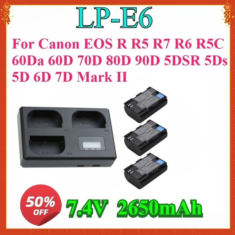 

New High-quality 2650mAh LP-E6 LP-E6N Battery for Canon EOS R R5 R7 R6 R5C 60Da 60D 70D 80D 90D 5DSR 5Ds 5D 6D 7D Mark II