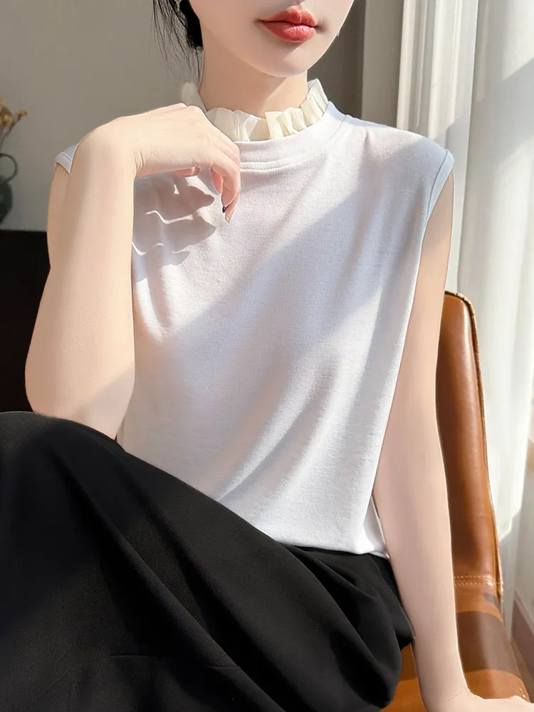 White Splice Euro Organza Sleeveless Knitted Top Stand Collar Base Layer Shirt Inner Wear T-Shirt Women's Summer Fashion