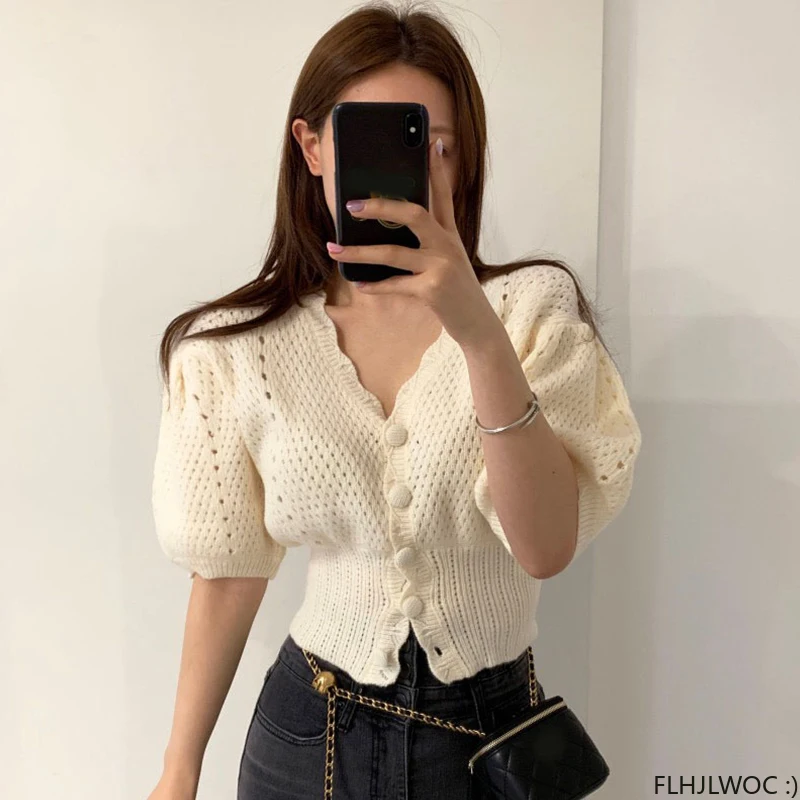 Puff Sleeve Knitting Sweater Tops Summer Short Sleeve Solid Pink White Black Button Short Crop Shirts