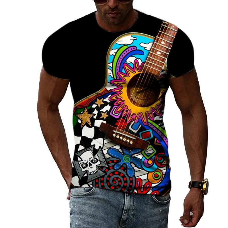 

Fashion Men's Guitar Pattern T-shirt Street Elements Personality Short Sleeve Top Hip Hops Trend Casual Print Crew Neck Clothing