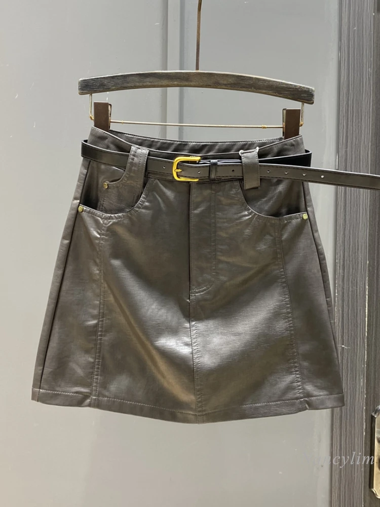 

High-end Gray PU Leather High-waisted Skirt for Women 2024 Autumn Winter Retro and Thin Sexy Hip-wrapped Short A-line Skirt