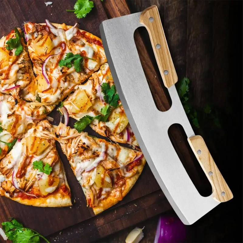 Pizza Cutter Curved Blade Stainless Steel Pizza Slicer with Wooden Handle Protective Cover Cookies Cutter Kitchen Baking Tools