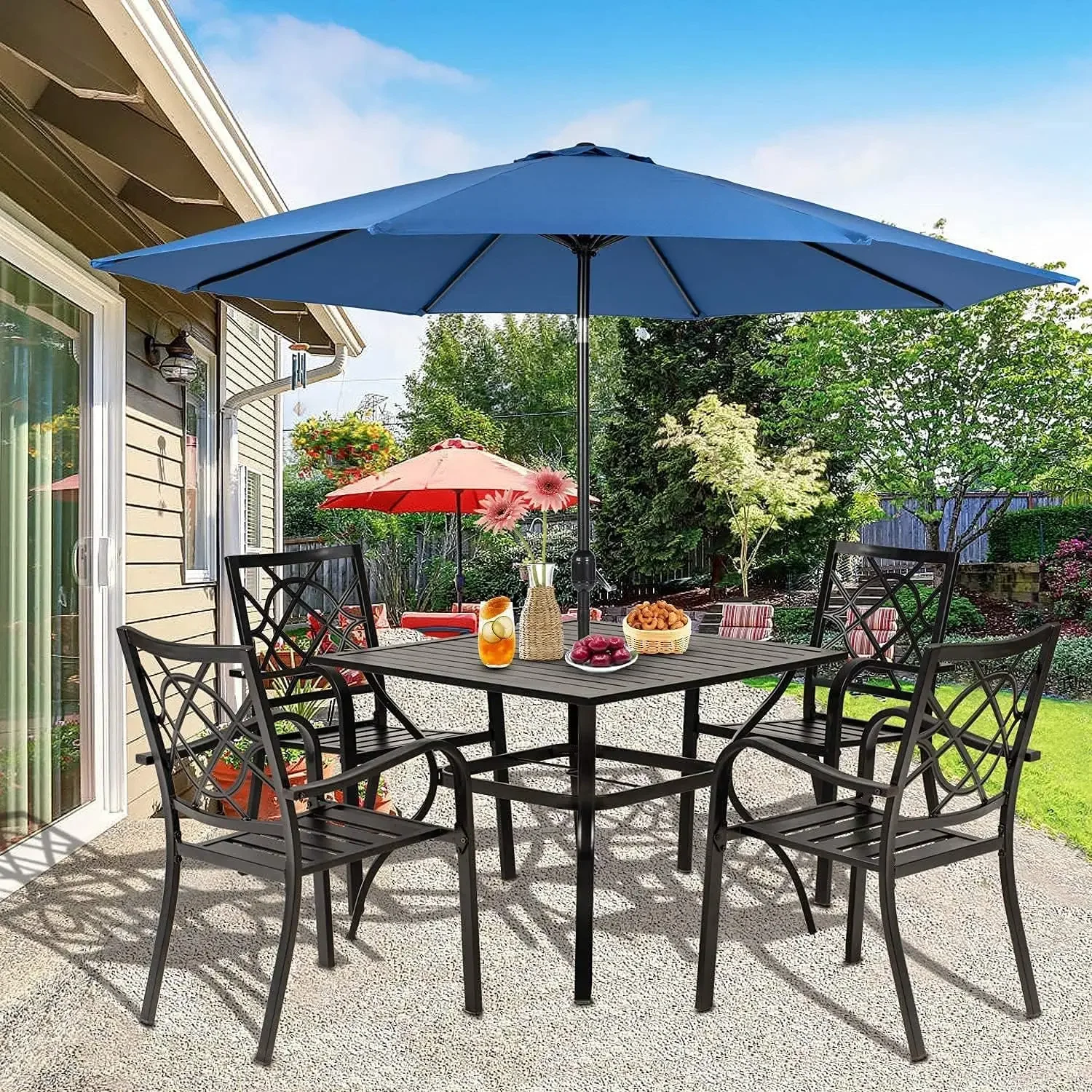 

Outdoor Metal Furniture Dining Table Set Stackable Patio Dining Chairs and Square Dining Table with Umbrella Hole