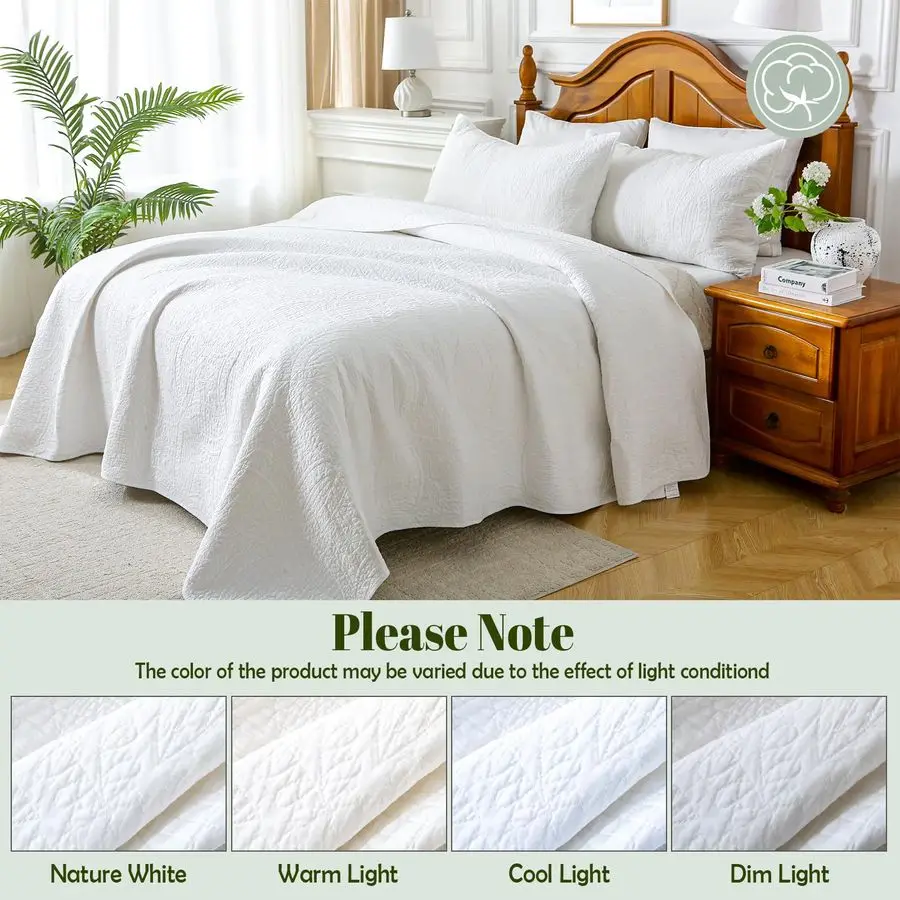 

Белый комплект из 100% хлопка для двуспальной кровати, 3 предмета: современное текстурированное покрывало с монетным узором, легкое жатое покрывало и наволочки, So