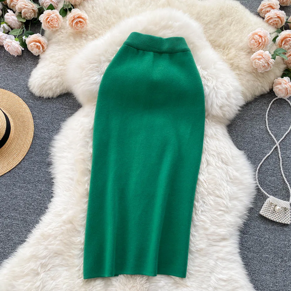 

Ele High Waist Slim Fit Knitted Midi Skirt Pure Color Elastic Waistline Split Design Winter Faion with Sweater