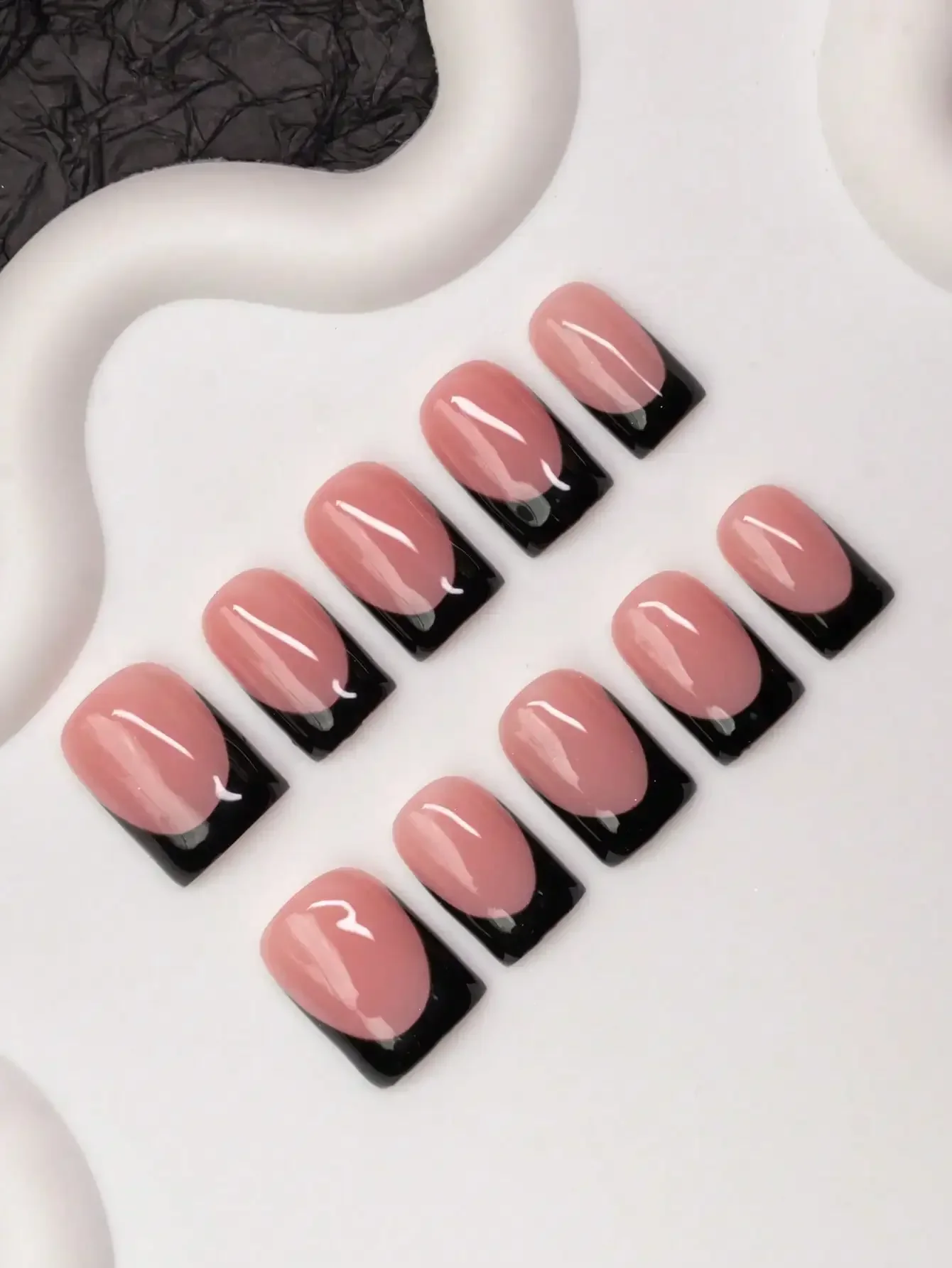 

10pcs Square Shaped Handmade Nail Tips, Y2K Baddie Style, Nude & Black Color With French Tip Design, Suitable For Women & Girls,