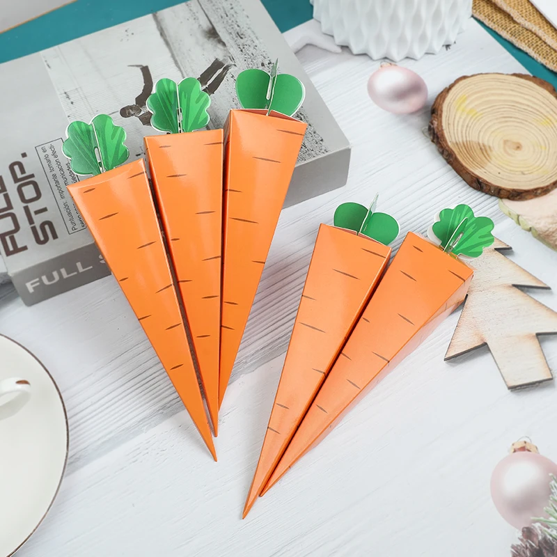 10Pcs Creative Carrot Design Paper Candy Boxes Orange Cone Shaped Biscuit Cotton Candy Packaging Box Easter Birthday Party Decor