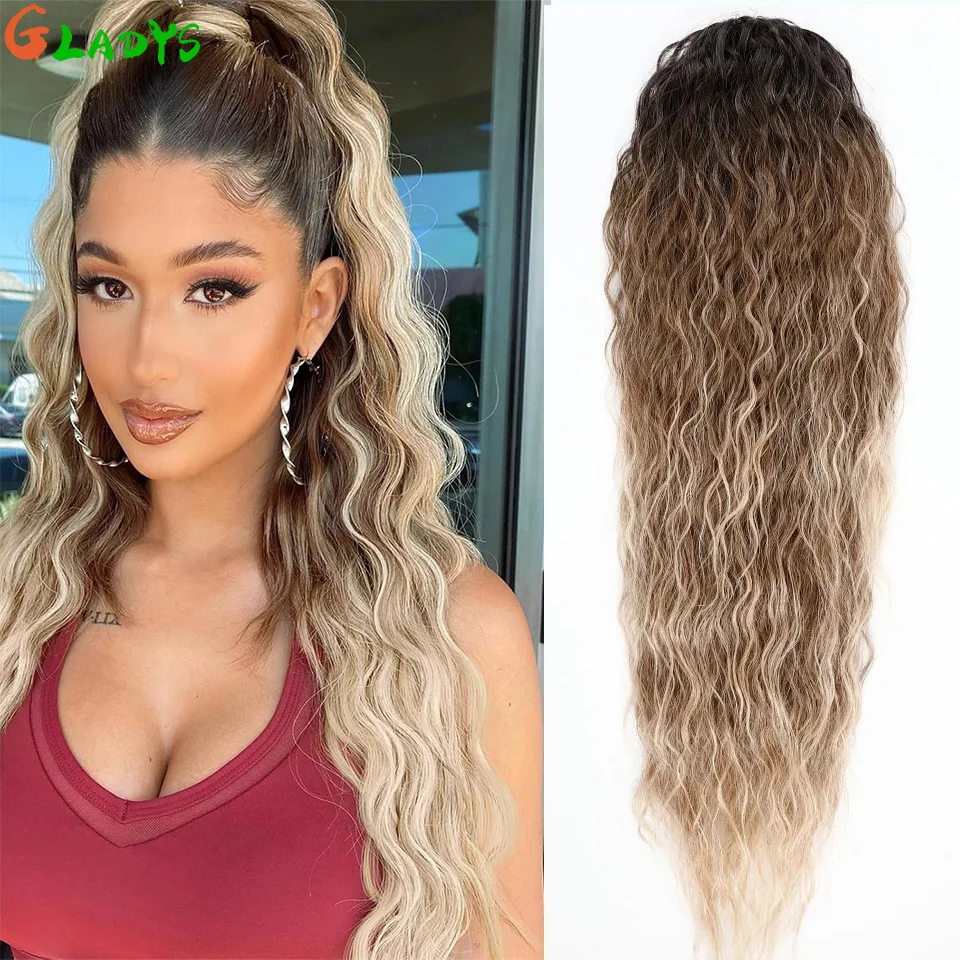 26 pulgadas de largo cordón cola de caballo onda de agua extensiones de cabello de cola de caballo Color degradado cola de caballo rizada pelo sintético resistente al calor
