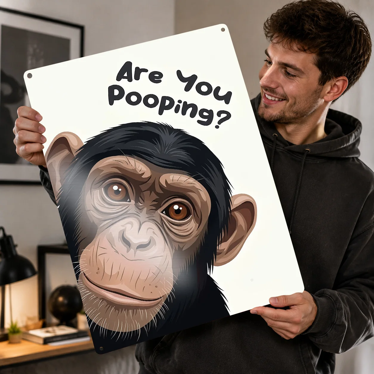 Funny Chimpanzee Bathroom Wall Art Poster Retro 3D Printed Metal Signs Customized Wall Hanging Gift for Decoration Home Interior