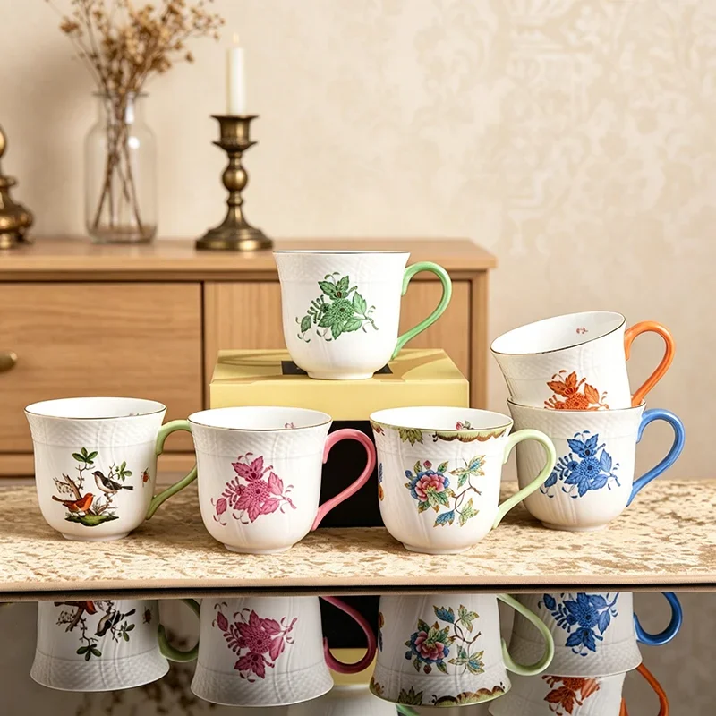 European 300ml Bone China Mug Floral Bird Hand-Painted Light Luxury Gold Rim Porcelain Tea Coffee Cup for Home Office Gift Box