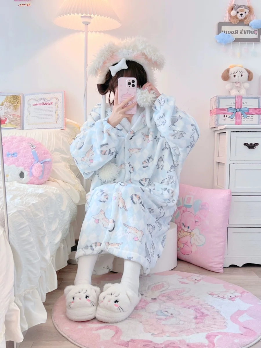 Blue Cat Print Robes Hooded Winter Coral Fleece Cartoon Single-breasted Pockets Cute Nightgown Japanese Style Kawaii Bathrobe