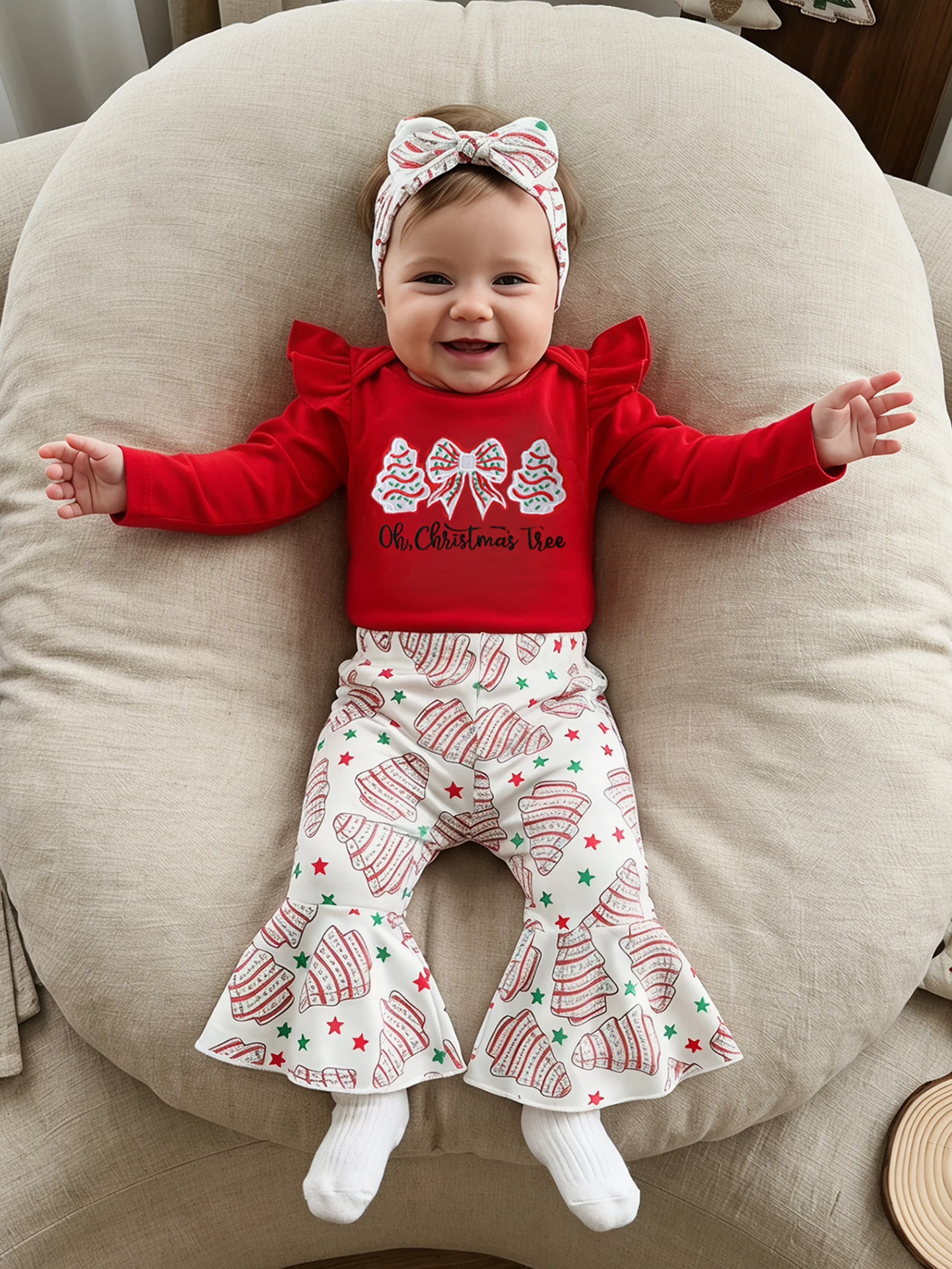 Baby Girl Christmas Infant-Baby Christmas Pants Outfit Headband Set Crew-Neck-Romper Crew Premium Infant Baby Girl