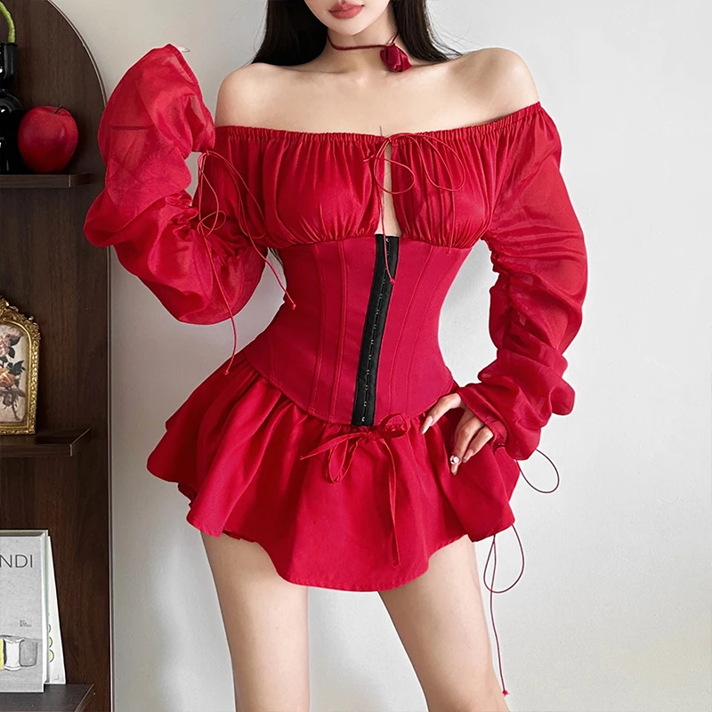 

OMSJ Women's Red 2 Piece Set Sexy Rave Party Outfit Slash Neck Backless Folds Drawstring Long Sleeves Corset Tops+Lace-up Skirts