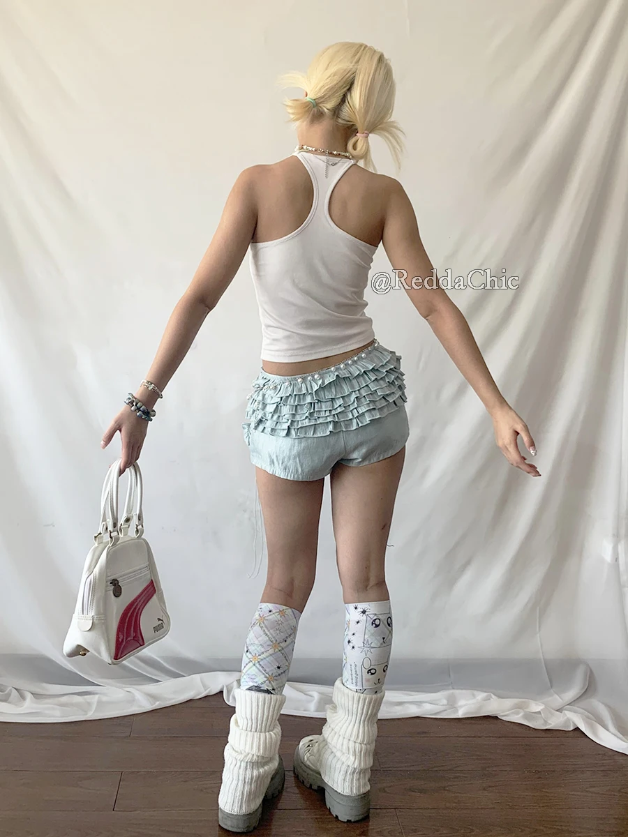 ReddaChic Coquette Ruffle Layered Shorts Women Satin Bloomers Parachute Drawstring Low Rise Pettipants Cute Lolita Y2k Bottoms