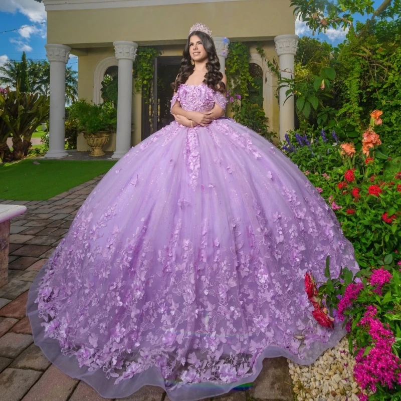 

Light Lilac Shiny Princess Off the Shoulder Sweet 16 Dress Quinceanera Dresses Applique Beads Bow Tull Party Birthday Vestidos