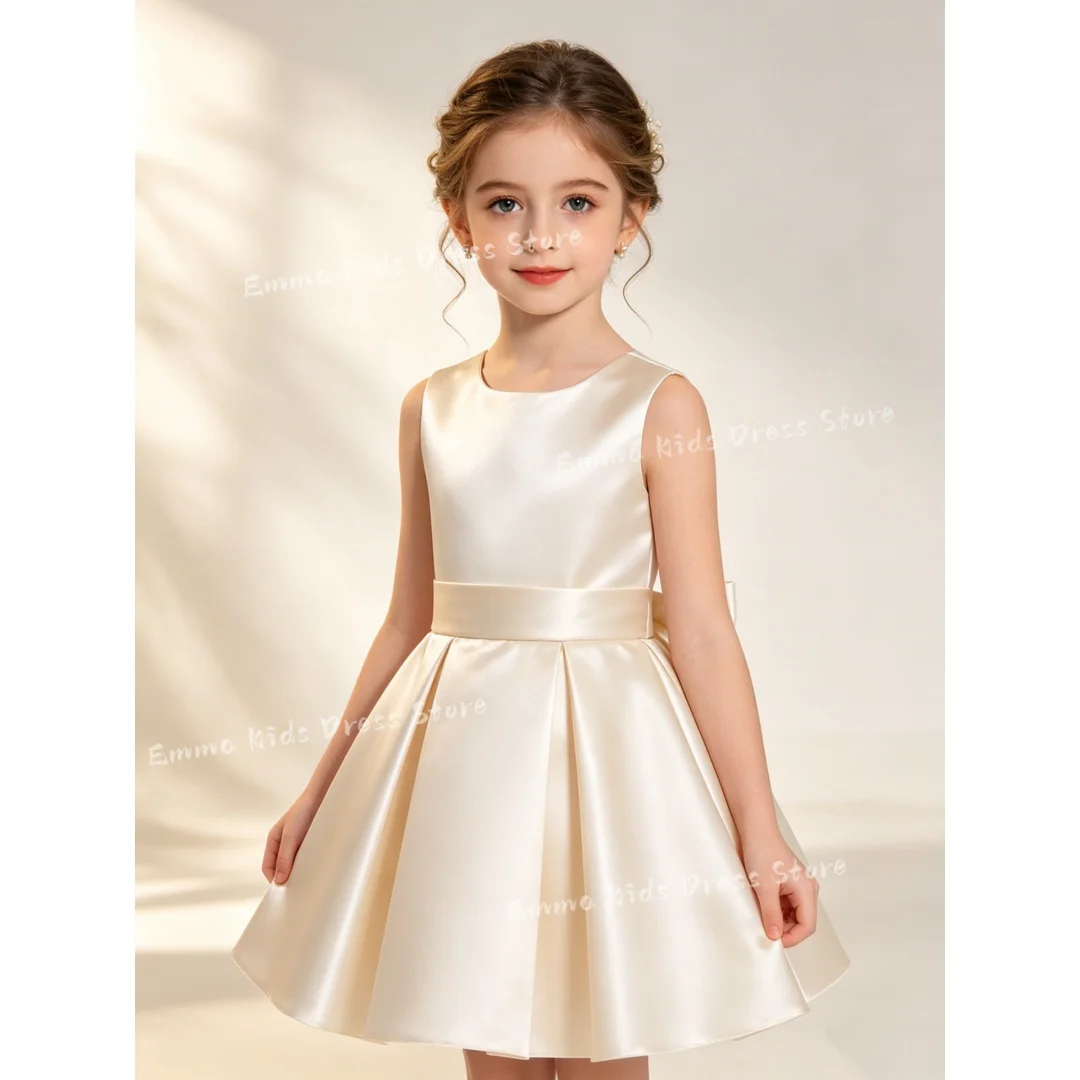 Custom Ivory Satin A-Line Dress with Big Bow Back for Flower Girl Wedding Birthday Party