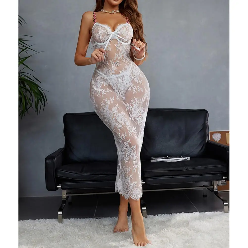 

1 шт., женское сексуальное кружевное прозрачное платье макси на тонких бретельках, прозрачное сетчатое кружевное платье с цветочной вышивкой и открытой спиной, глубокие V-образные платья