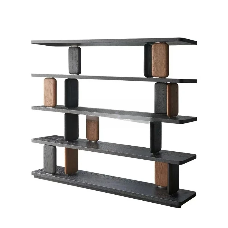 New Chinese solid wood bookshelf wabi sandy wind light luxury model room study display shelf07