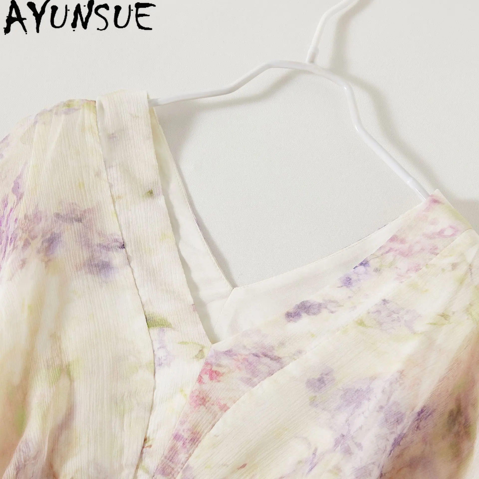 AYUNSUE 100% التوت الحرير فساتين حريمي الأزهار فساتين الصيف أنيقة 2025 ملابس امرأة الخامس الرقبة فستان طويل Vestidos Mujer