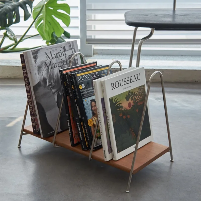 MOMO Scandinavian Book And Newspaper Rack Floor Shelves Simple Iron Magazine Rack Japanese Solid Wood Newspaper Rack Practical