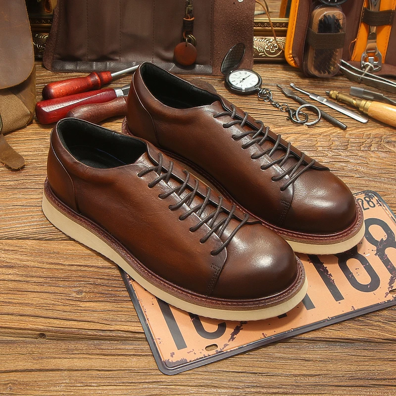 

Trendy Short Face Round Toe Retro Men's Work Shoes Casual Young Man Full Grain Leather Easy Match Oxfords Boys Students