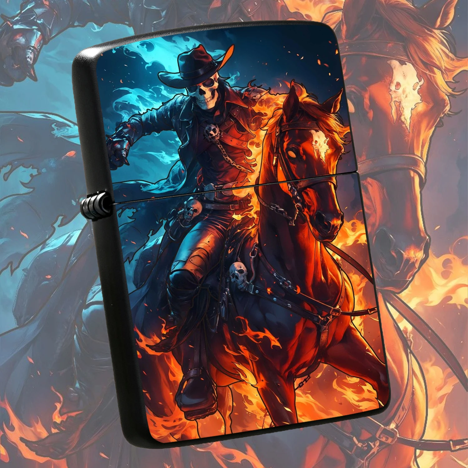 Western Rider Themed Lighter, Cool Fiery Skeleton Cowboy Horse Print, Portable Stylish Accessory For Daily Use Outdoor Gathering Holiday Gifting, Unique Dark Aesthetic Practical Present For Fantasy Art Enthusiasts, Multi-Scenario Durable Ex