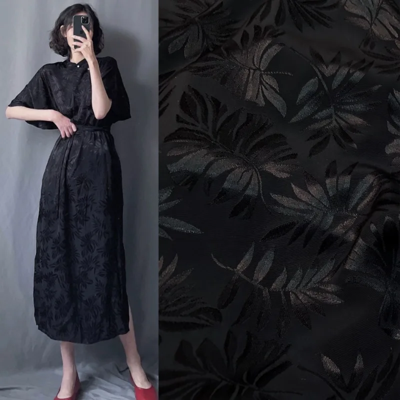 Black Leaf Rayon Viscose Jacquard Fabric Chinese Dress Oversized Sleeve Clothing New Arrival Elegant Textile Fashion Material