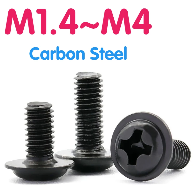 M1.4 M1.7 M2 M2.5 M3 M3.5 M4 Black Carbon Steel Cross Pan Head With Washer Cross Groove Flange Bolt 20/30/50/100PCS