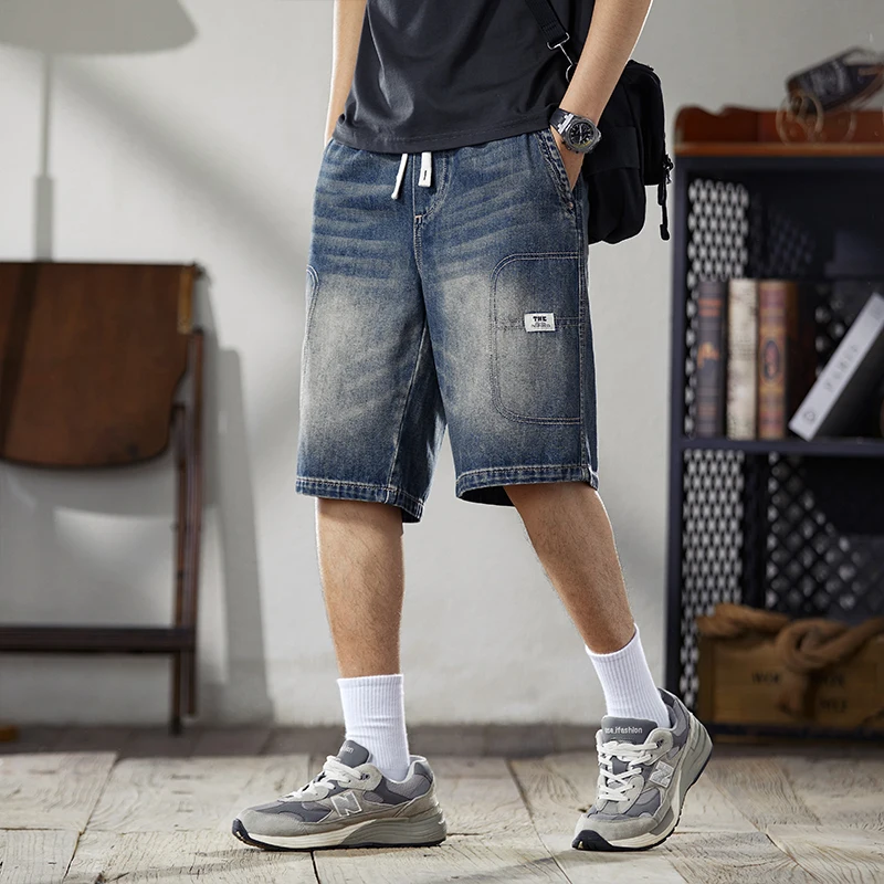 

XY9938 New Trendy Casual Washed American Retro Denim Shorts for Men in Summer, Thin, Elastic Waist, Five Part Pants