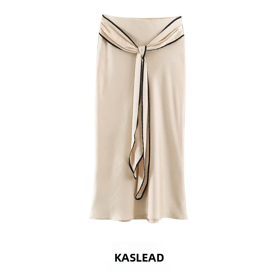 KASLEAD New Women's Satin Texture Midi Skirt High Street Bow Decorated A-Line Slim Fit Polyester Fiber 2026 Autumn Fashion