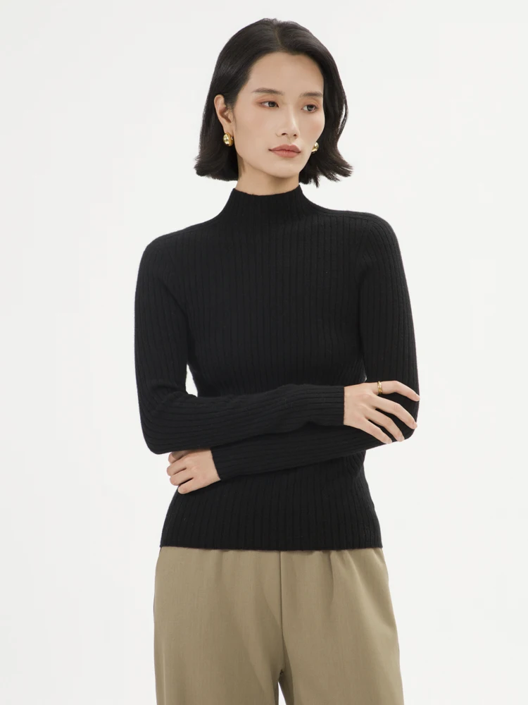 Basic Pullover Autumn Winter Women Sweater 100% Cashmere Sweater Mock Neck Slim Pullover Knitted Strip-Shaped Lines Inside Join