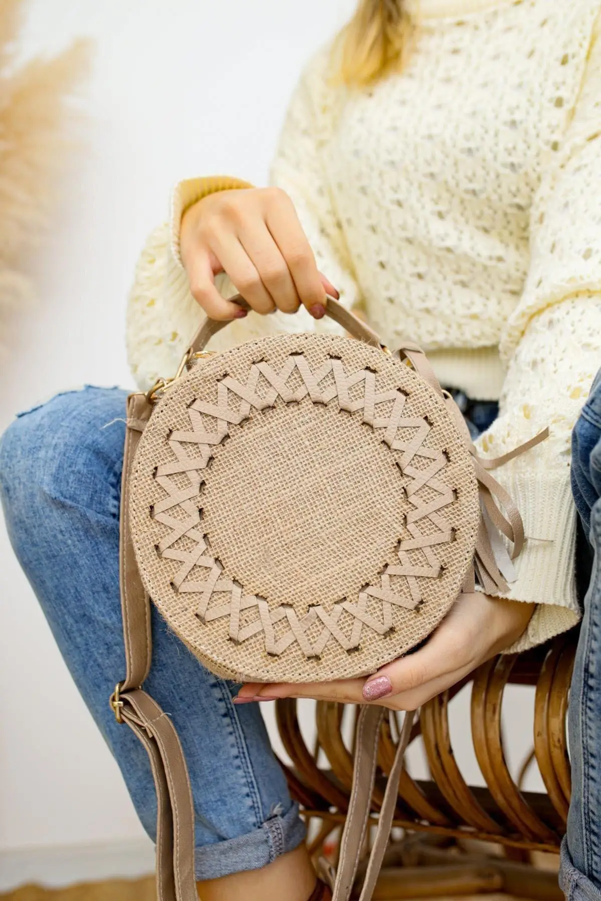 Women's Beige Braided Straw Shoulder Bag