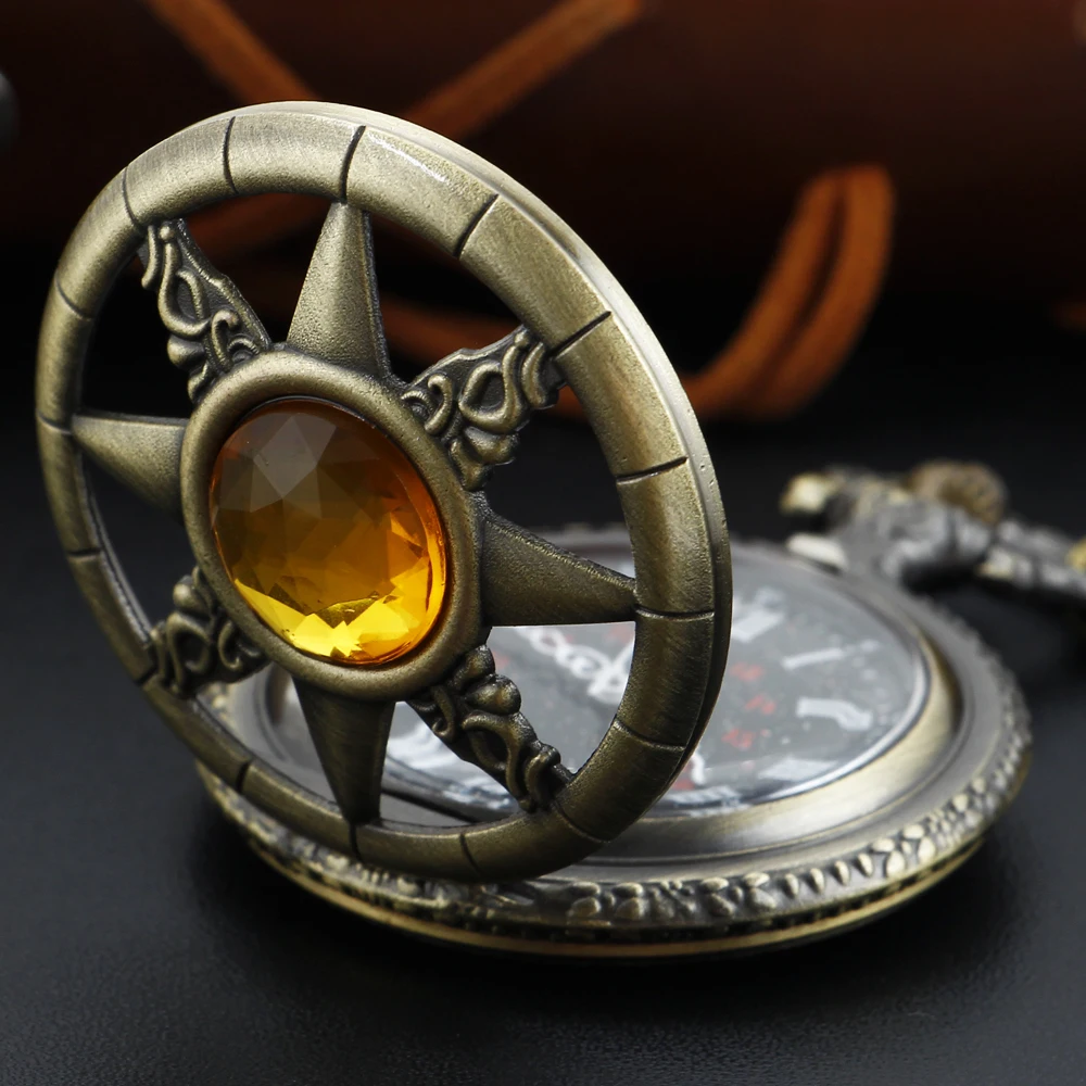 Exquisite Star Embossed Orange Gemstone Quartz Pocket Watch Vintage Pendant Necklace Bracelet Men's and Women's Clock Gift