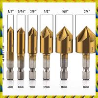 WFF 6 Pcs 1/4Inch Hex Shank Countersink Drill Bits Center Punch Set HSS 5 Flute Countersink 90 Degree Center Punch Tool Sets