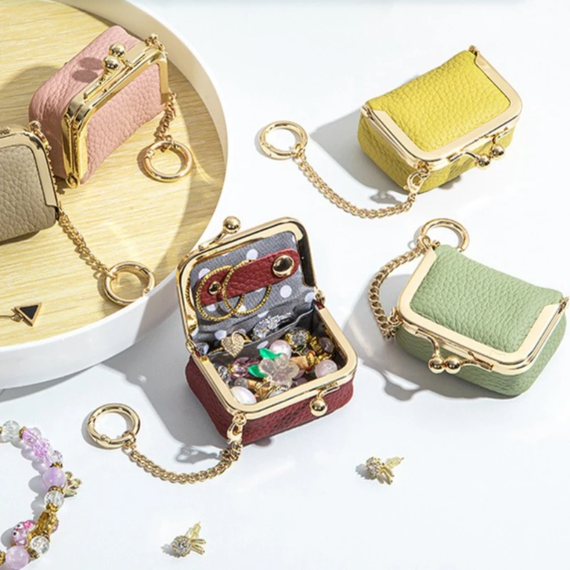 New Small Kiss Lock Genuine Leather Coin Purse for Women Chain Ring Clasp Closure Mini Pouch Jewelry Organizer Bag Change Wallet