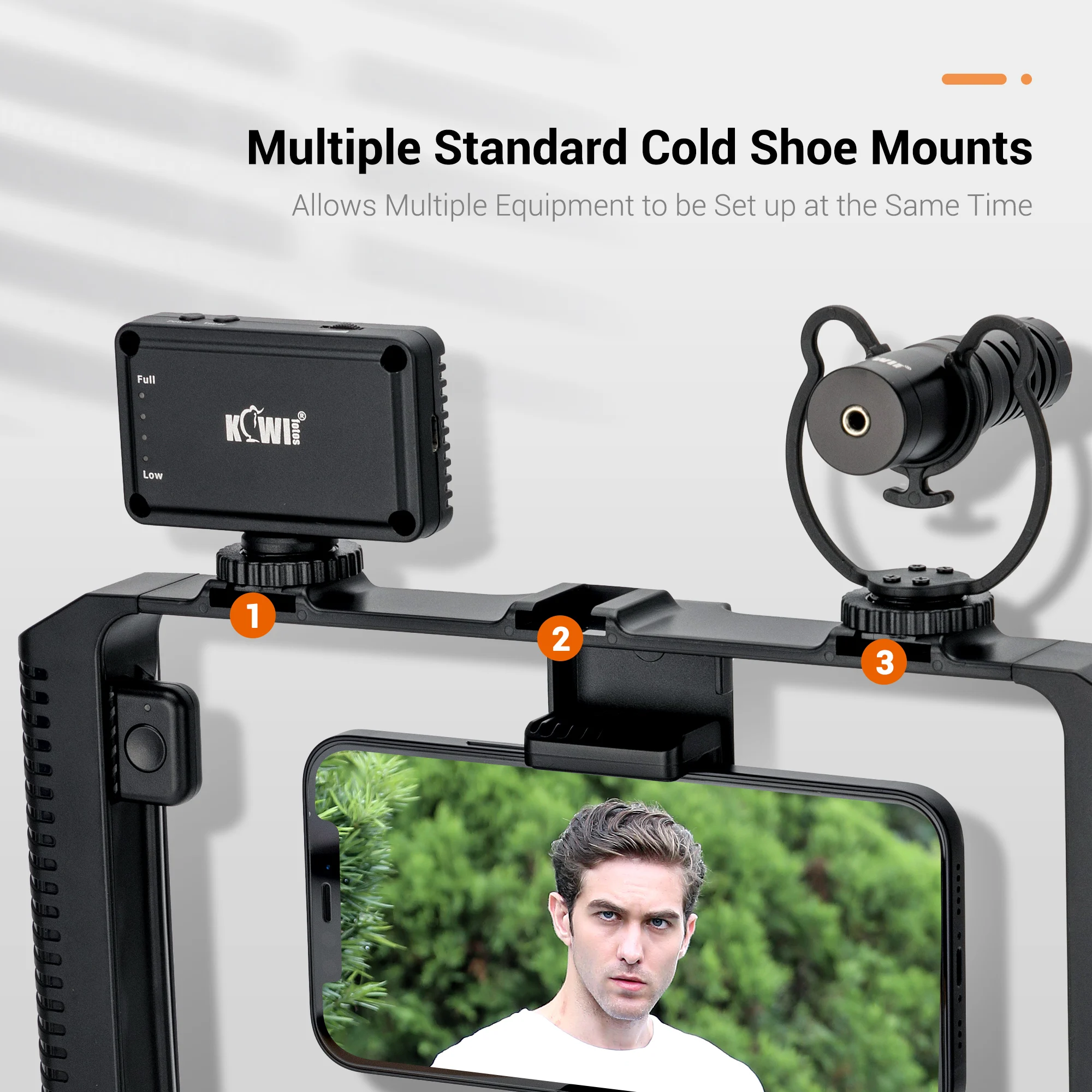 Video Handheld Stabilizer with Smartphone Video Cage Rig Triple Cold-Shoe Handle Grip Compatible with iPhone Android Smartphones