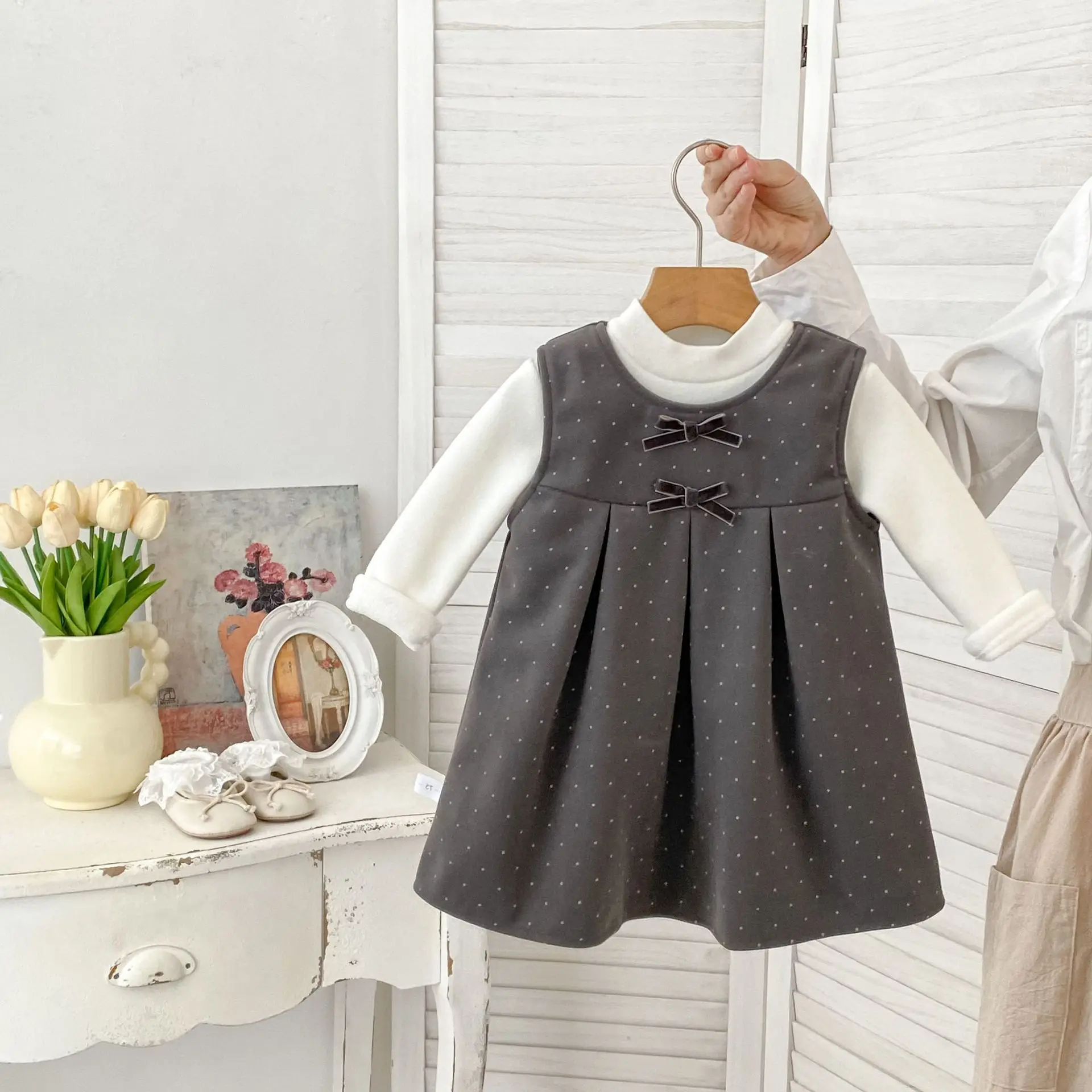 Two-piece Undershirt Set Polka Dot Vest Dress Fleece Lining Sweet Children Fashionable Cotton Comfortable Casual