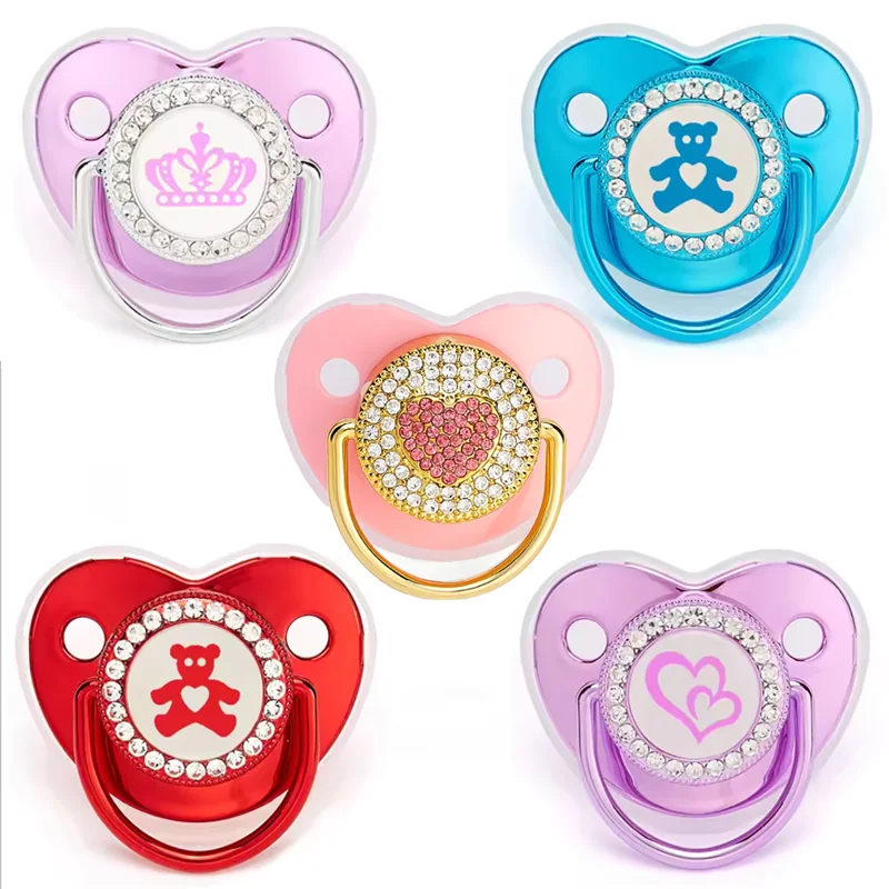 

3Pcs Luxury Newborn Baby Pacifier Rhinestone Heart Bear Dummy Soother Infant Silicone Nipple Teether BPA Free Babies Shower Gift