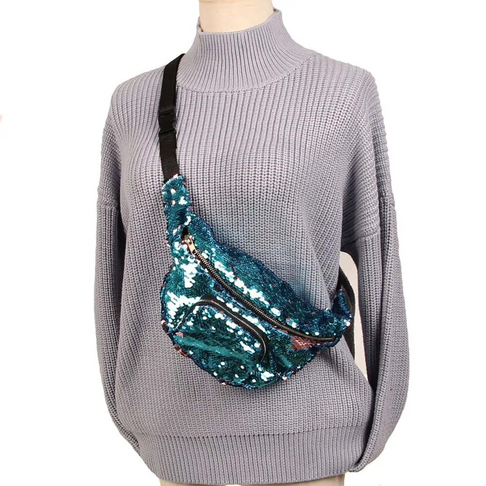 Image 3: Sac de taille à paillettes pour femmes, sac banane multifonctionnel réglable avec fermeture éclair lisse, grande capacité, bleu lac rose