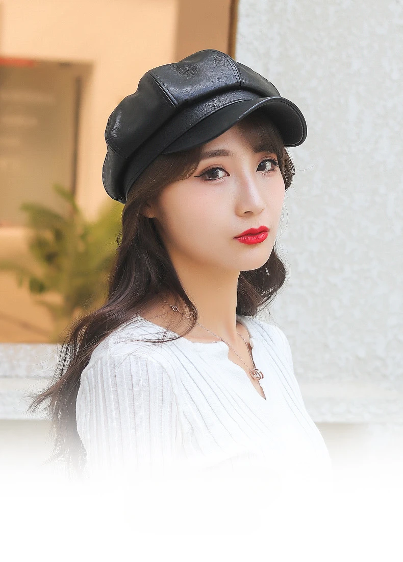 Neue Frauen PU Leder Berets Kappe Hut Schwarz Rot Außen Einstellbar Weibliche Herbst Winter Casual Dame Kappe Hut Für Frauen – Detail 1