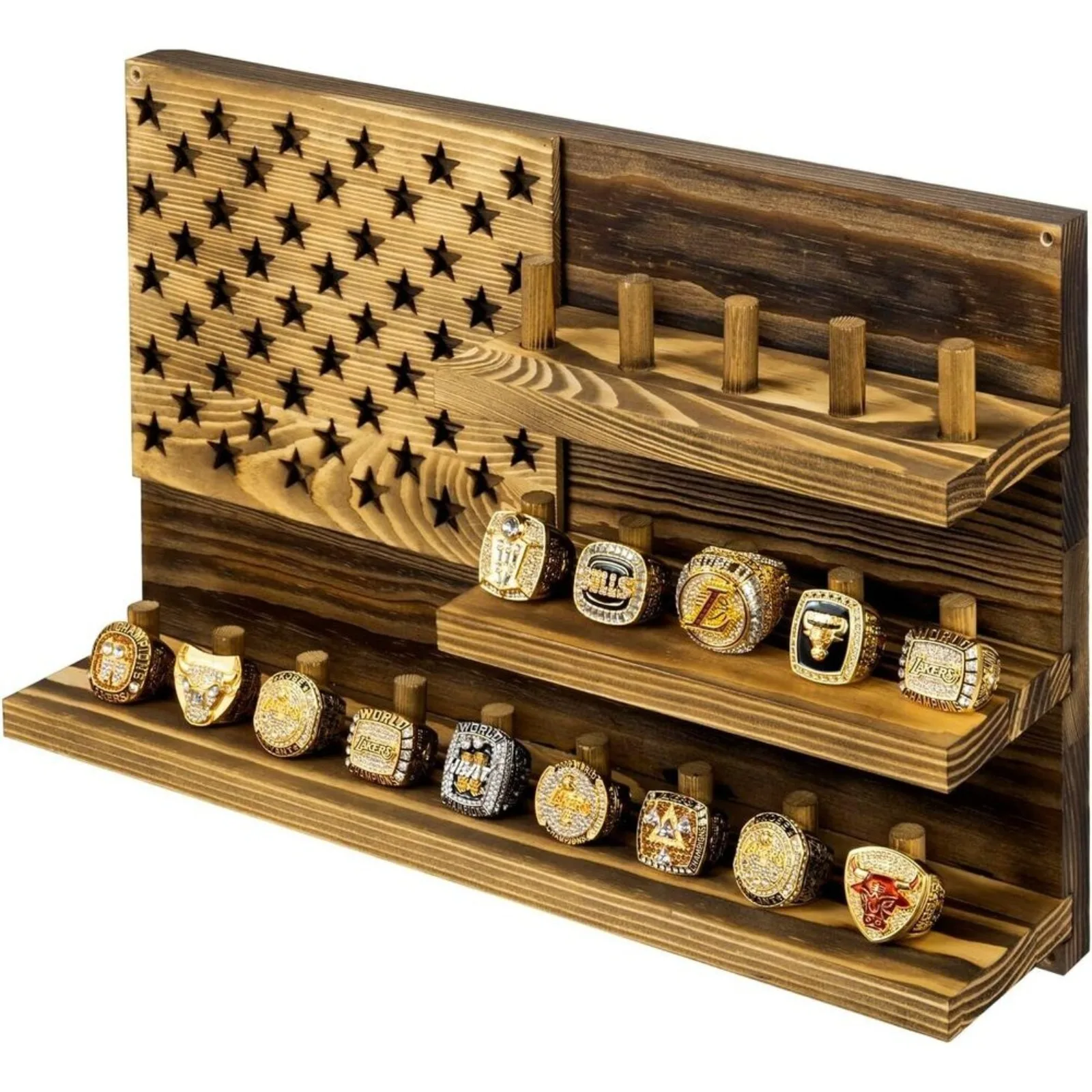 Wall Mounted Brown Wood Sports Championship Ring Holder, Jewelry Display Rack United States