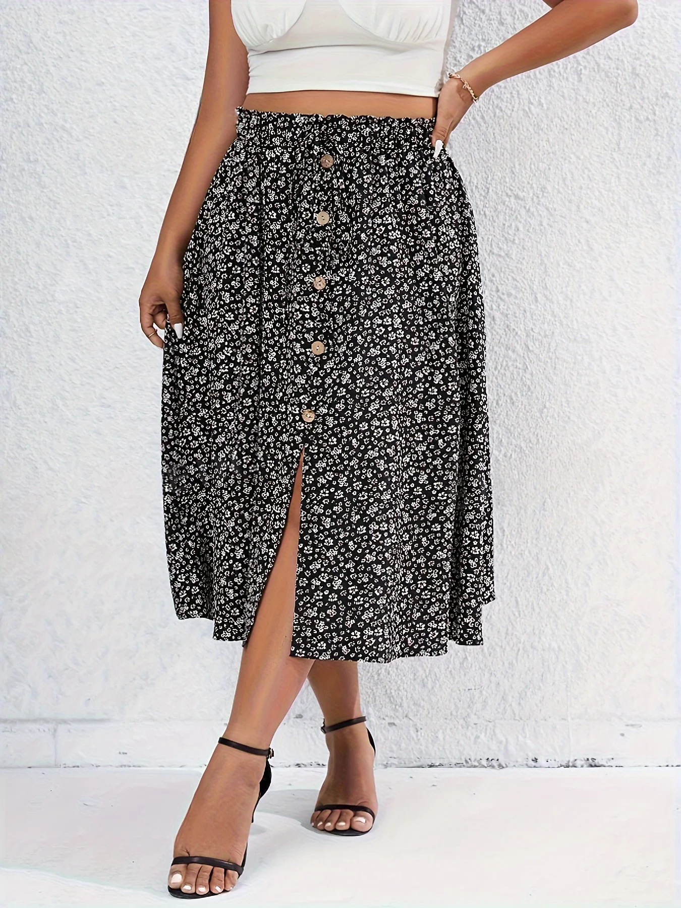 Plus Size Spring Summer Women Elegant Skirt Vacation Casual Fashion Floral Print Split Loose Long Skirt